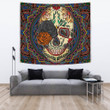 Valentine Tapestry - Colored Mandala Skull Background Roses From Eye Tapestry Home Decor