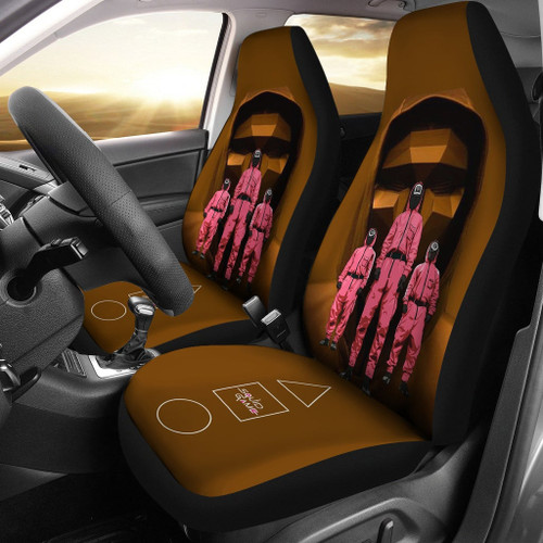 Squid Game Movie Car Seat Covers Pink Squid Worker With Giant Black Masked Man Boss Seat Covers