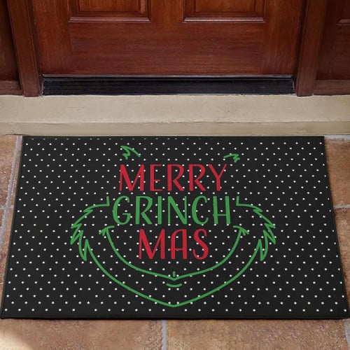 Christmas Door Mat | Grinch Face From Text Merry Grinch Mas Door Mat Home Decor