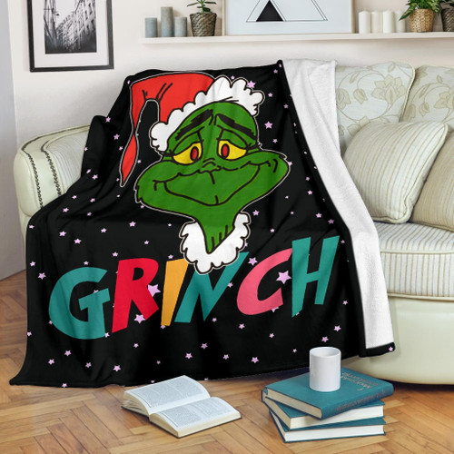 Christmas Fleece Blankets | The Grinch Face Wearing Xmas Hat Artwork Fleece Blanket