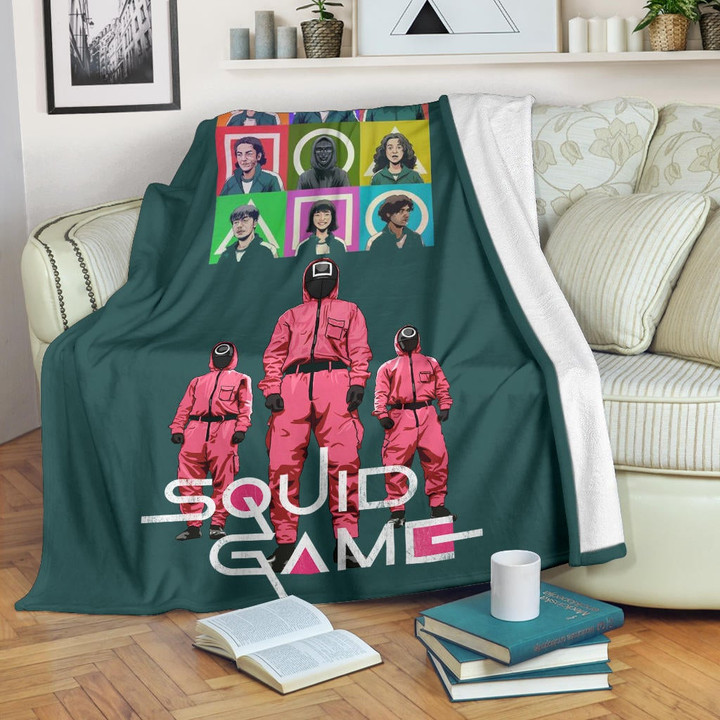 Squid Game Movie Fleece Blanket Players Portrait With Black Masked Boss And Squid Worker Standing Fleece Blankets