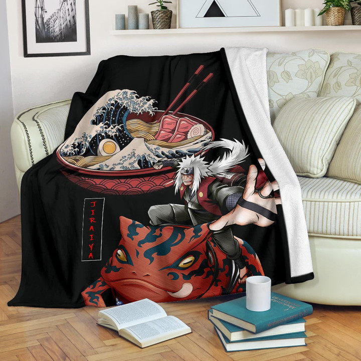 Naruto Anime Fleece Blanket - Jiraiya With Gama Keeper Toad Ramen Bowl Fleece Blankets