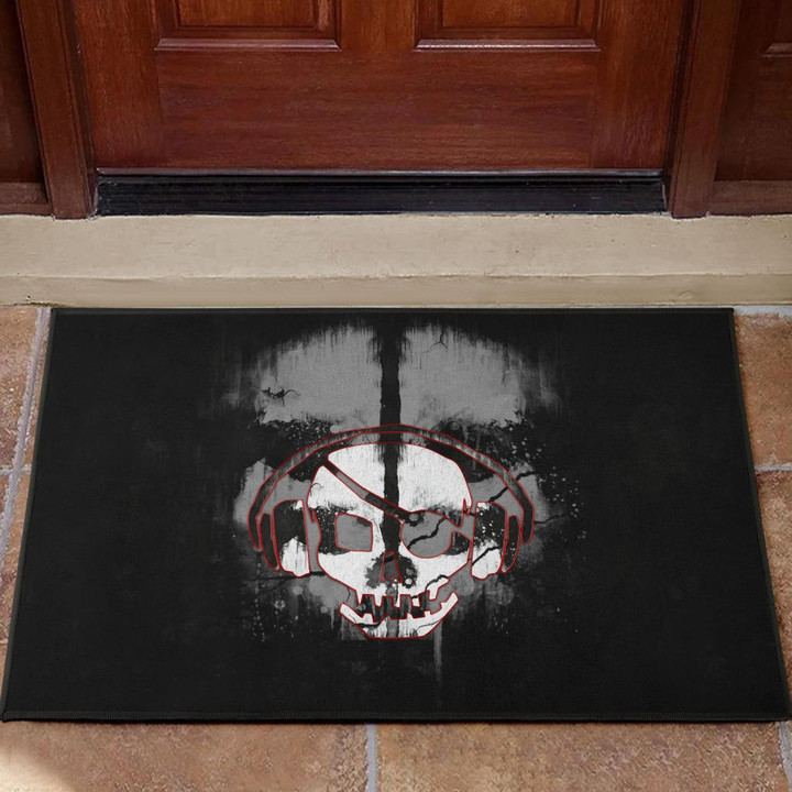 Skull Door Mat - Horror Pirate Skull Wear Headphone Black White Door Mat
