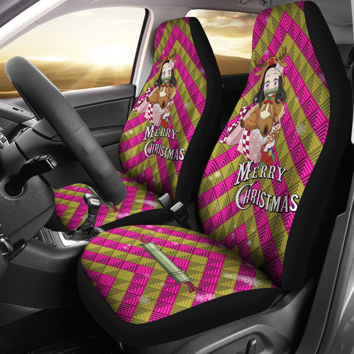 Demon Slayer Anime Car Seat Covers - Merry Christmas Chibi Nezuko Cosplay Reindeer Xmas Gifts Seat Covers