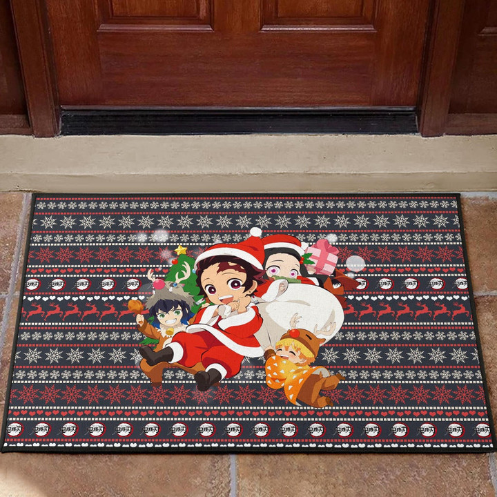 Demon Slayer Anime Door Mat - Merry Christmas Chibi Cosplay Santa Reindeer Xmas Gift Door Mat Home Decor