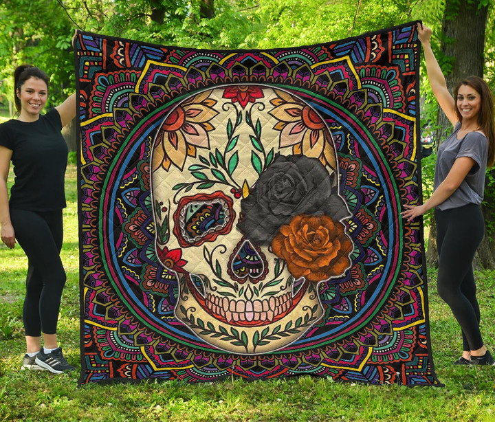 Valentine Premium Quilt - Colored Mandala Skull Background Roses From Eye Quilt Blanket