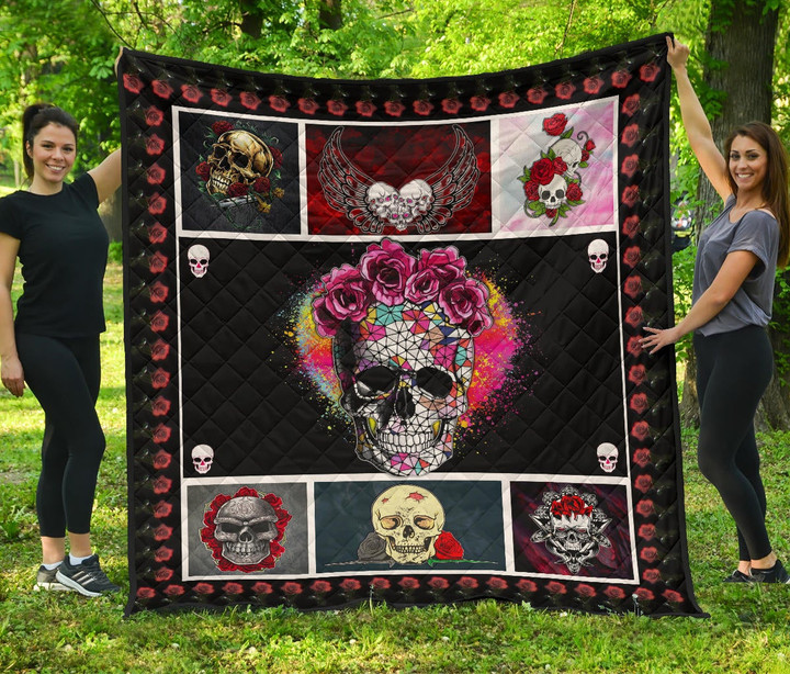 Valentine Premium Quilt - Awesome Floral Skulls In Square Roses Patterns Quilt Blanket
