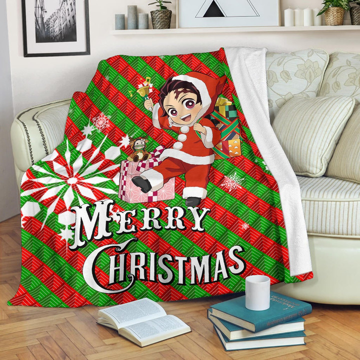 Demon Slayer Anime Fleece Blanket - Merry Christmas Santa Tanjiro With Xmas Gifts Fleece Blankets