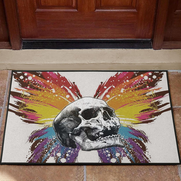 Skull Door Mat - Sickness Skull With Colorful Beautiful Butterfly Wings Door Mat
