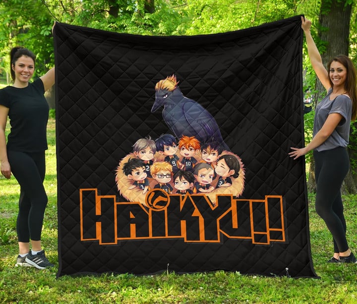 Haikyuu Anime Premium Quilt - Haikyuu Chibi Volleyball Team Members In Raven Nest Quilt Blanket