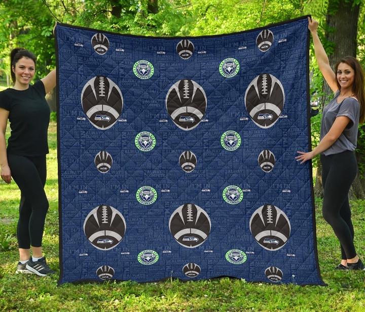 American Football Team Premium Quilt - Seattle Seahawks Cool Rugby Balls Blue Quilt Blanket