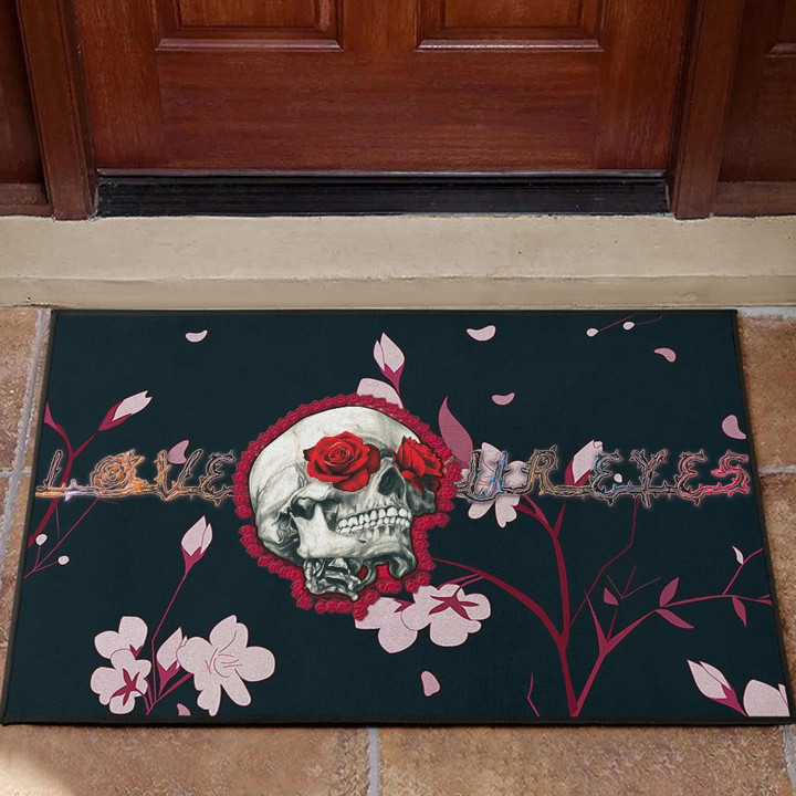 Valentine Door Mat - Skull With Red Roses Love In Your Eyes Door Mat Home Decor