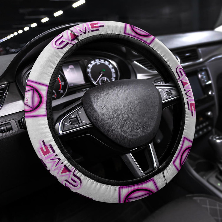 Squid Game Movie Steering Wheel Cover Neon Round Square Triangle Shape Squid Game Text Font Steering Wheel Cover
