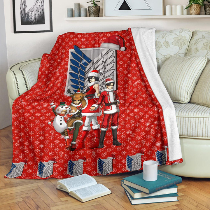 Attack On Titan Anime Fleece Blanket - AOT Merry Christmas Outfit Wings Patterns Fleece Blankets