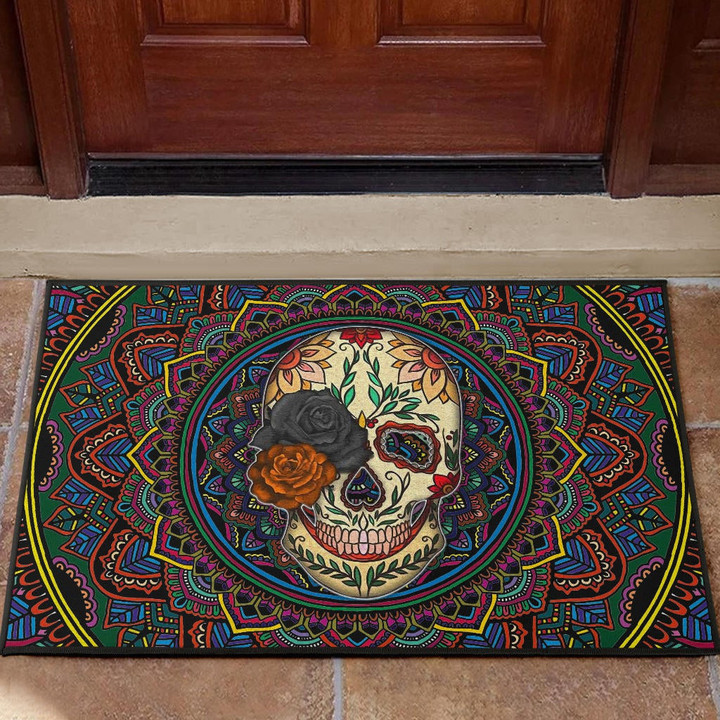 Valentine Door Mat - Colored Mandala Skull Background Roses From Eye Door Mat Home Decor