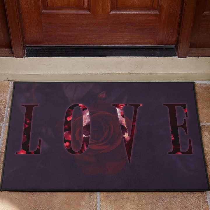 Love Door Mat - LOVE Text Rose Flower Black Background Door Mat