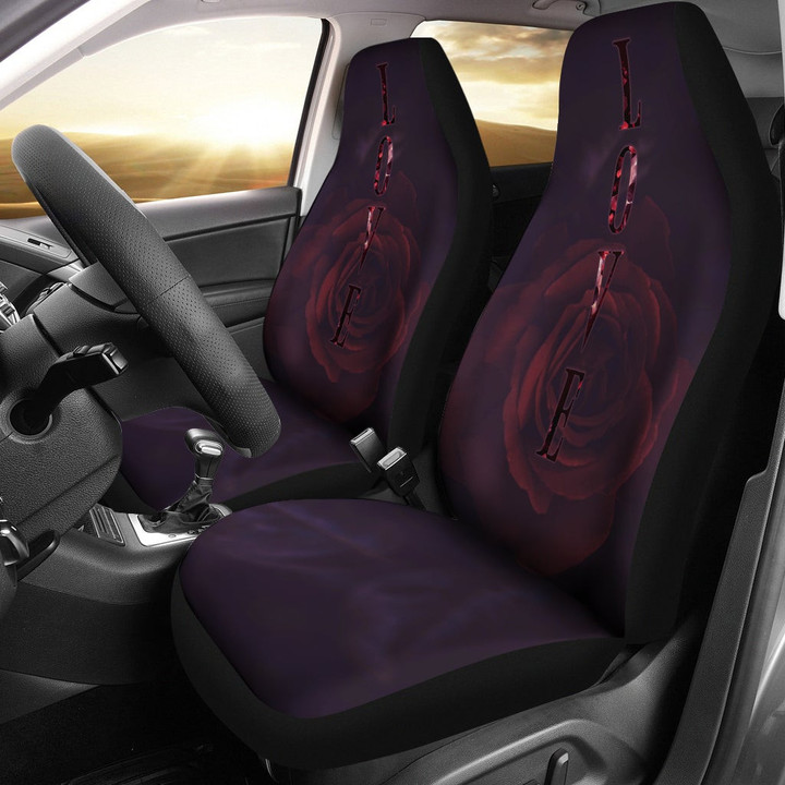 Love Car Seat Covers - LOVE Text Rose Flower Black Background Seat Covers