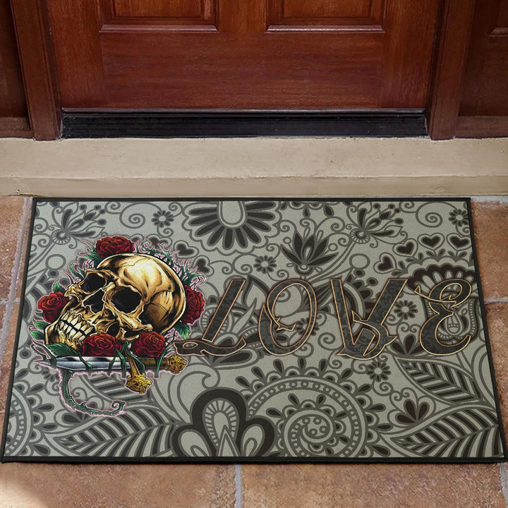 Valentine Door Mat - Golden Skull On Bunch Of Rose Flower Love Door Mat Home Decor