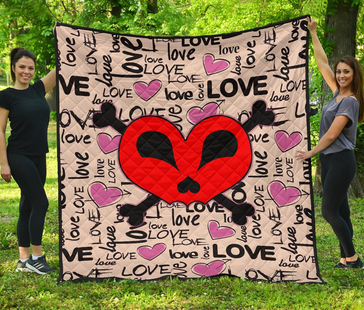 Love Premium Quilt - Love Text Patterns Skull Heart Symbol Quilt Blanket