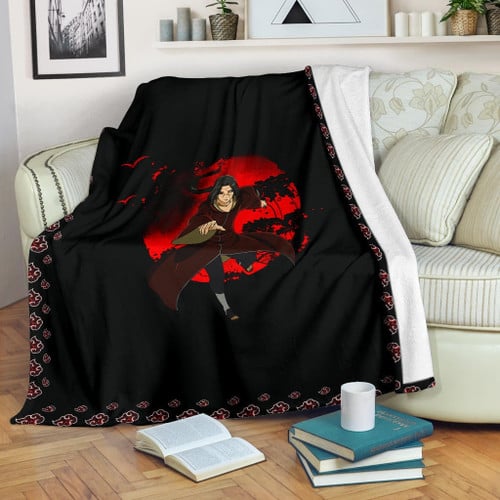 Naruto Anime Fleece Blankets - Itachi After Reincarnation Red Moon Akatsuki Cloud Fleece Blanket