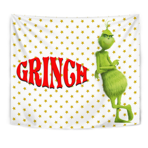 Christmas Tapestry | Grinch Smiling Stand Up Against Text Twinkle Stars Tapestry Home Decor NT101102