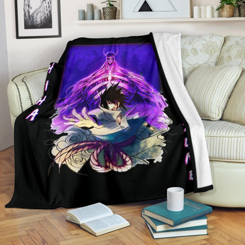 Naruto Anime Fleece Blankets - Uchiha Sasuke Shraingan Power Purple Susano Fleece Blanket