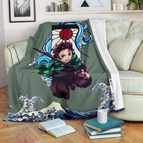 Demon Slayer Anime Fleece Blankets - Tanjiro Holding Sword Wave After Wave Fleece Blanket