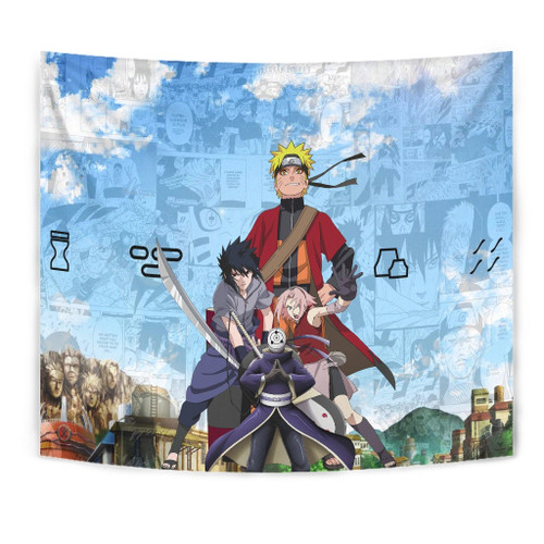 Naruto Anime Tapestry - Team 7 Fighting Vs Obito Manga Leaf Village Sky Tapestry Home Decor