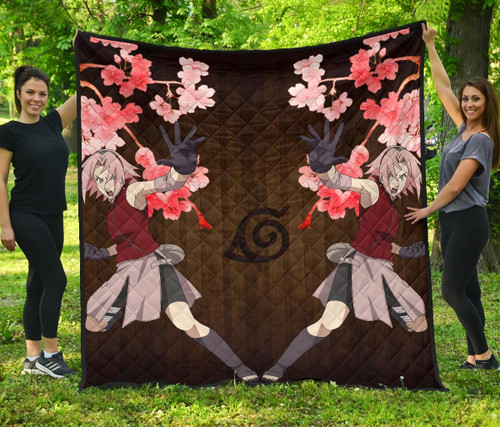 Naruto Anime Premium Quilt - Sakura Punch Cherry Blossom Konoha Symbol Quilt Blanket