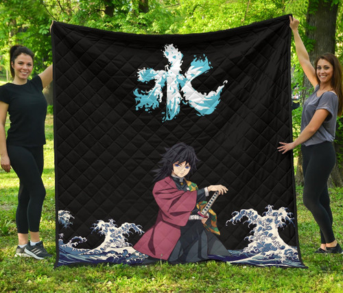 Demon Slayer Anime Premium Quilt - Giyuu Standing In Water Blue Wave Quilt Blanket