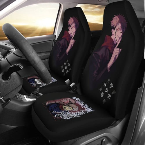 Jujutsu Kaisen Anime Car Seat Covers - Sukuna Yuji Combine Black Fire Evil Smiling Seat Covers