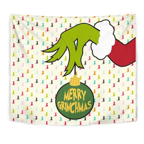 Christmas Tapestry | Merry Grinchmas Grinch Hand Holding Xmas Ball Tapestry Home Decor