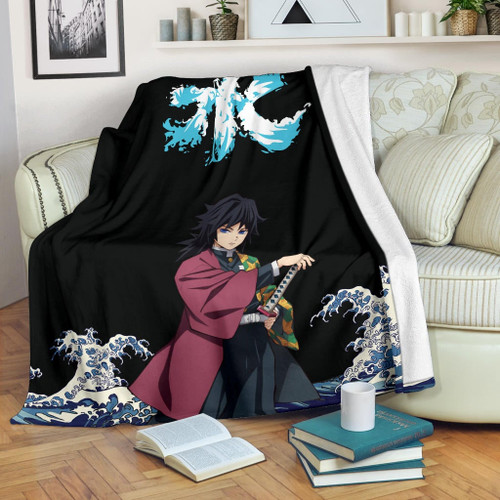 Demon Slayer Anime Fleece Blankets - Giyuu Standing In Water Blue Wave Fleece Blanket