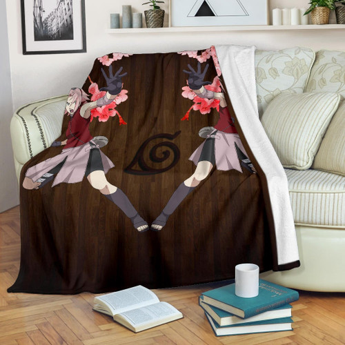 Naruto Anime Fleece Blankets - Sakura Punch Cherry Blossom Konoha Symbol Fleece Blanket