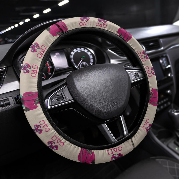 Squid Game Movie Steering Wheel Cover Squid Worker Hand Sign Cute Chibi Making Contact Card Steering Wheel Cover NA122101