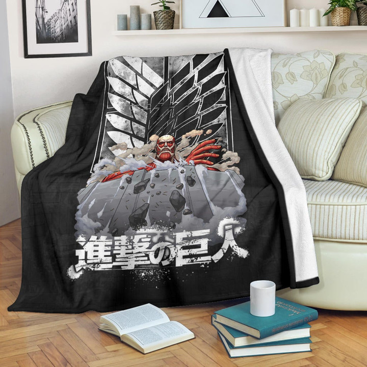 Attack On Titan Anime Fleece Blanket - Colossal Titan Wrecking Wall Wings Of Freedom Symbol Fleece Blankets