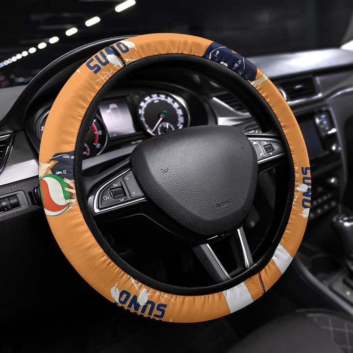 Haikyuu Anime Steering Wheel Cover - Hinata And Kageyama With Volleyball Ball Crow Feather Orange Steering Wheel Cover