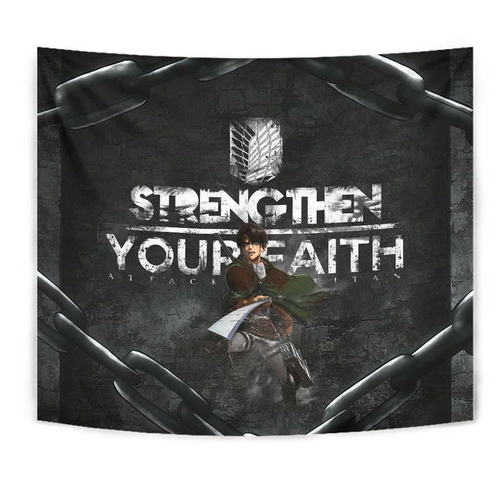 Attack On Titan Anime Tapestry - Levi Fighting Strengthen Your Faith Chains Tapestry Home Decor