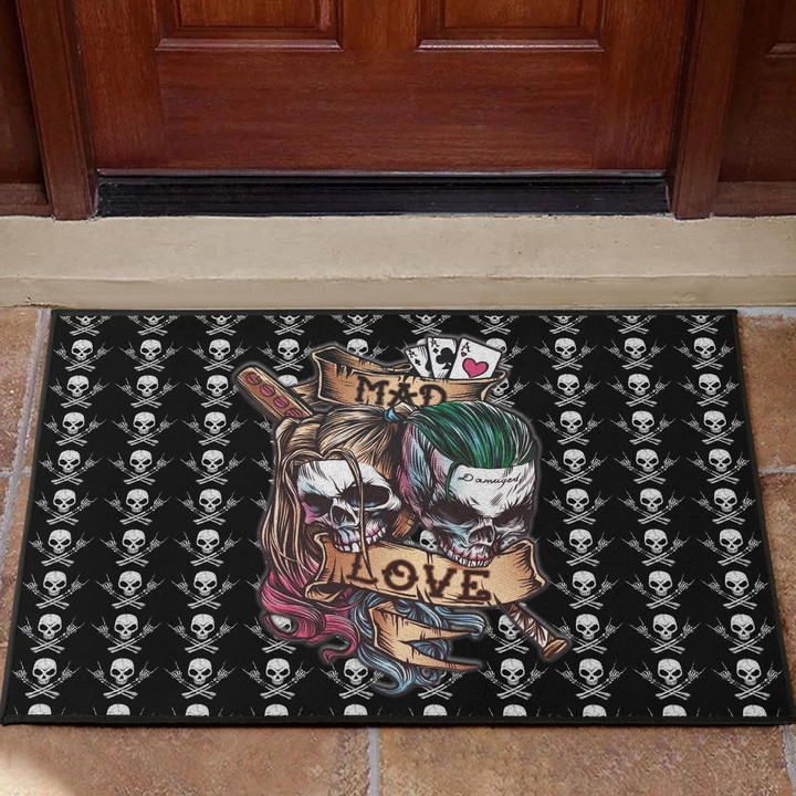 Valentine Door Mat - Mad Love Harley Quinn And Joker Skull Patterns Door Mat