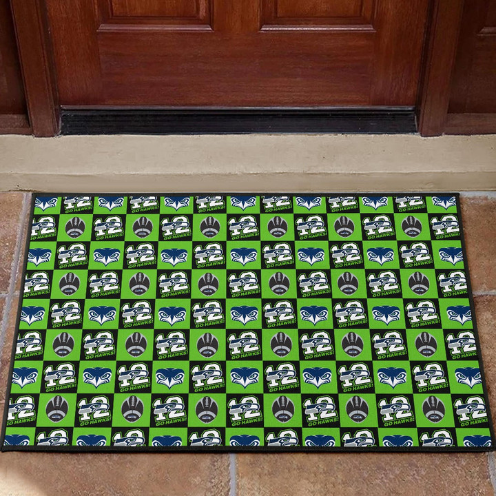 American Football Team Door Mat - Seattle Seahawks Go 12 Rugby Square Patterns Door Mat Home Decor