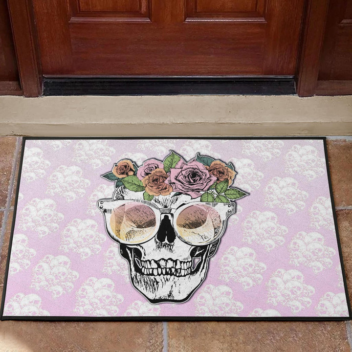 Valentine Door Mat - Skull Wearing Glasses And Flowers Crown Pink Door Mat Home Decor