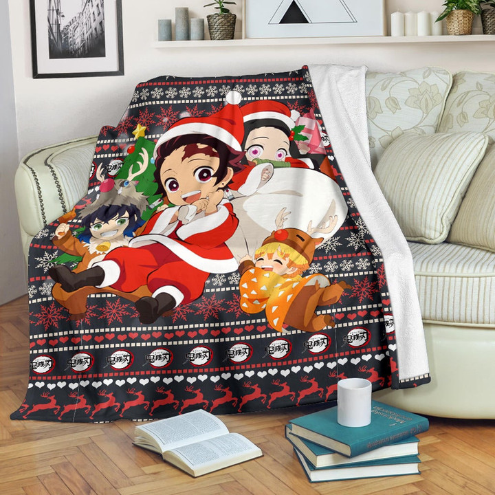 Demon Slayer Anime Fleece Blanket - Merry Christmas Chibi Cosplay Santa Reindeer Xmas Gift Fleece Blankets