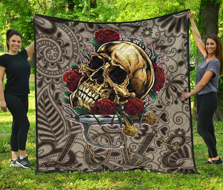 Valentine Premium Quilt - Skull With Red Roses Love In Your Eyes Quilt Blanket