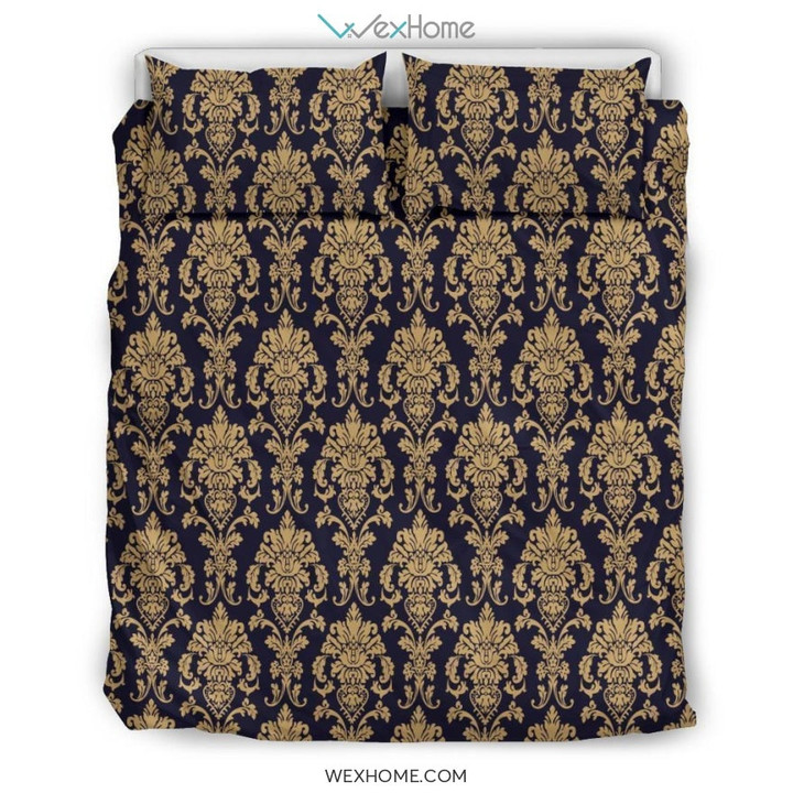 Damask Gold Print Pattern Duvet Cover Bedding Set