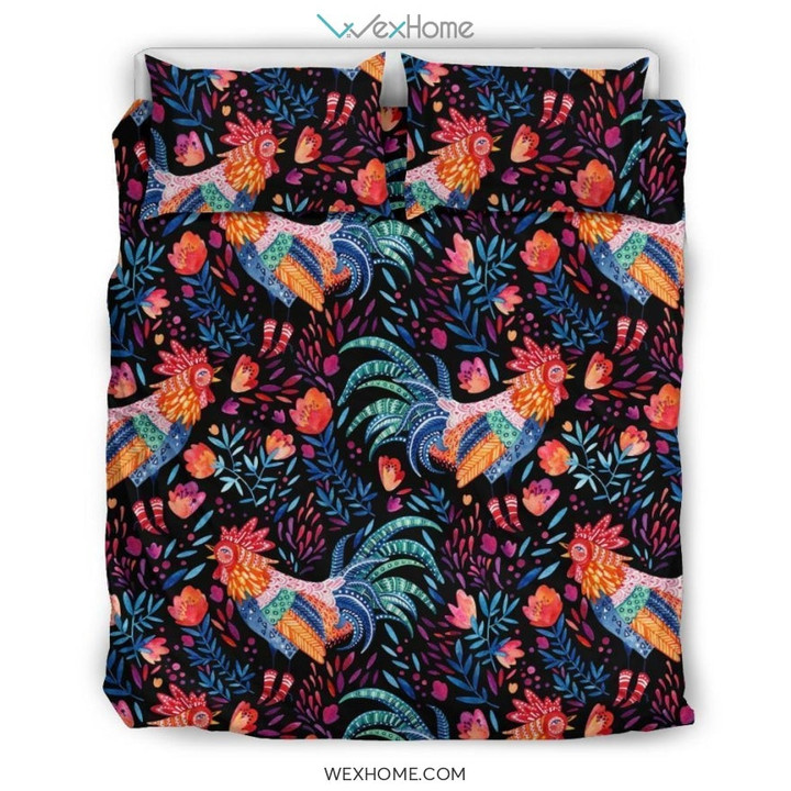 Rooster Hand Drawn Pattern Print Duvet Cover Bedding Set