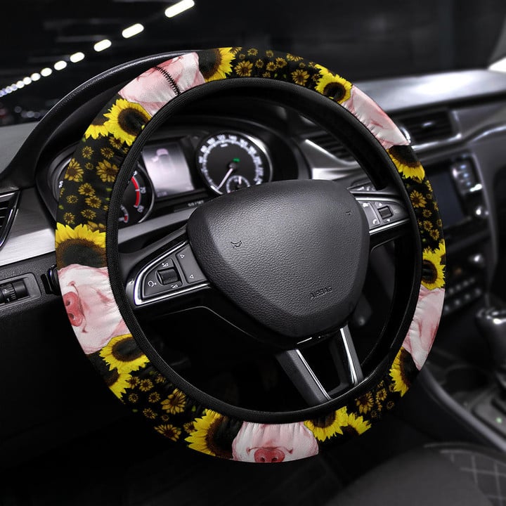 Pig With Sunflower Steering Wheel Cover Animal Car Accessories Custom For Fans AA22091503