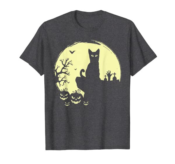 Spooky Black Cat with Full Moon & Pumpkins Halloween Costume T-Shirt
