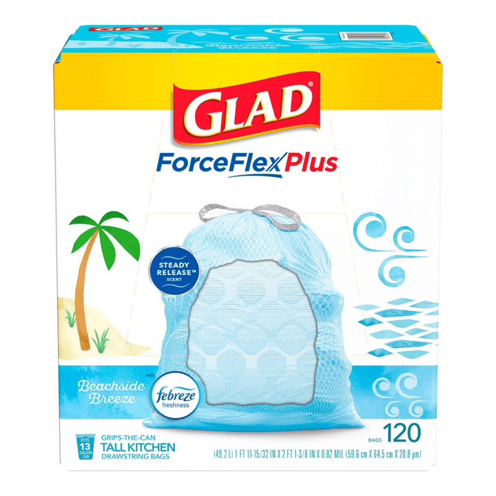 [SET OF 2] - Glad ForceFlexPlus Tall Kitchen Drawstring Light Blue Trash Bags, Febreze Beachside Breeze (13 gal., 120 ct.)