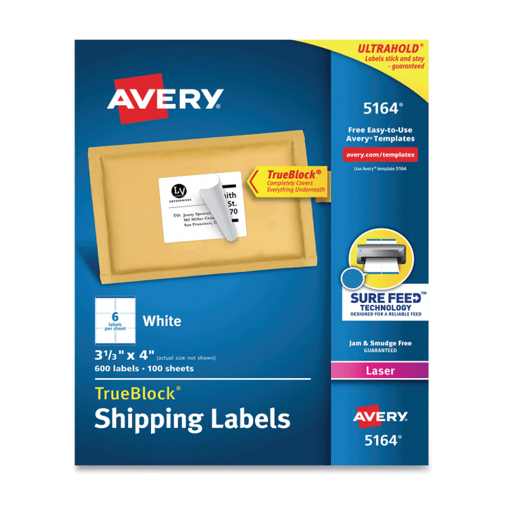 [SET OF 2] - Avery Shipping Labels w/ TrueBlock Technology, Laser Printers, 3.33 x 4, White, 6/Sheet, 100 Sheets/Box
