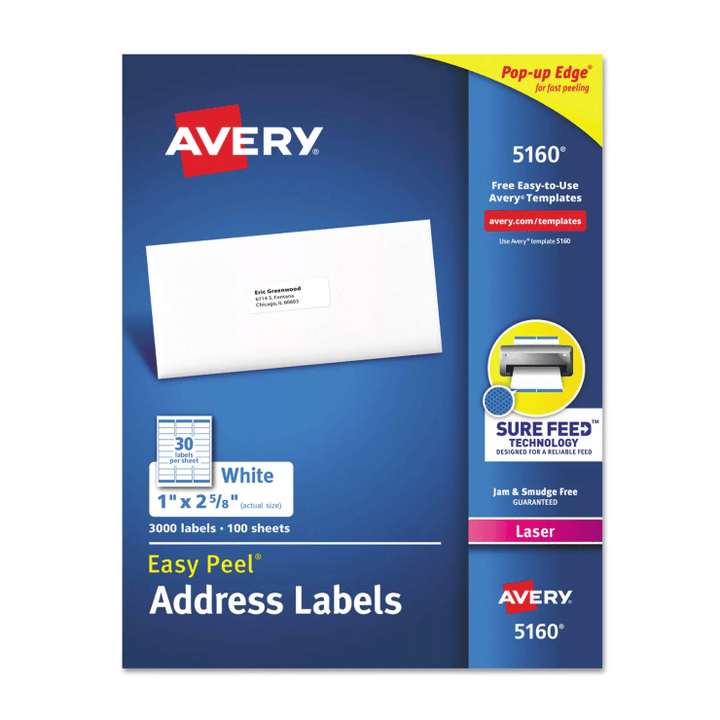 [SET OF 2] - Avery Easy Peel White Address Labels w/ Sure Feed Technology, Laser Printers, 1x2.63, White, 30/Sheet, 100 Sheets/Box